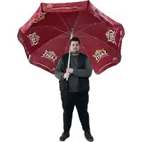 a man is holding a red umbrella that says ziyaz on it