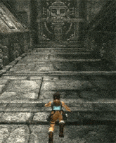a video game character is running down a staircase