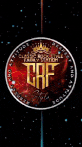 a logo for classic rock style family station with a crown on it