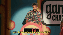 a man stands in front of a sign that says " ugh i got a whole bunch of nothin ' "
