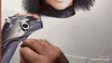 a person is holding a purple object in front of a woman 's face