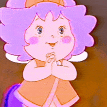 a little girl with purple hair and wings is smiling