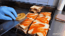 a bunch of sandwiches are on a tray with the words made in animotica on the bottom