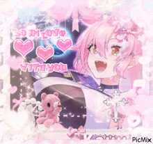 a girl with pink hair is surrounded by pink hearts and a pink teddy bear