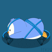 a penguin is tied up with balloons and the word pengu is on the bottom right