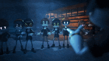 a group of cartoon characters standing in front of a yellow school bus