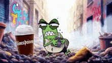 a cartoon frog is standing next to a coffee cup that says lincspoom .