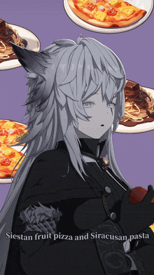 a drawing of a girl with a pizza in the background and the words siestan fruit pizza and siracusan pasta below her
