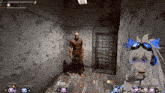 a screenshot of a video game shows a man in a cage and a girl with headphones on