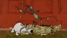 a cartoon of a man and a dog playing with a scarecrow on the ground .