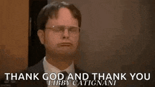 a man in a suit and tie is holding his arms up in the air and saying `` thank god and thank you '' .