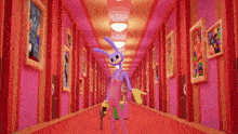 a purple cartoon character in a hallway holding a trophy
