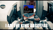 a man in a leather jacket with the words i am the king abcdefas on the bottom