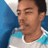 a young man wearing a blue and gray striped shirt is looking at the camera .