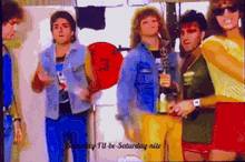 a group of people standing next to each other with the words " someday i 'll be saturday nite " in the corner