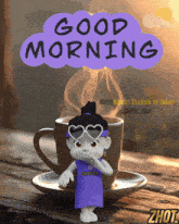 a cartoon character is standing next to a cup of coffee with the words good morning above it