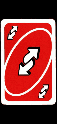 a red playing card with two white arrows pointing in opposite directions on it