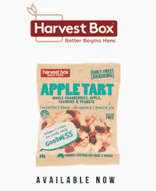 a bag of harvest box go bananas contains banana chips dark chocolate goji berries and seeds