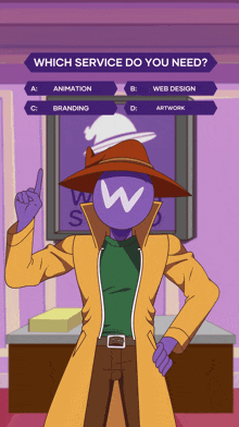 a man in a hat is standing in front of a sign that says which service do you need