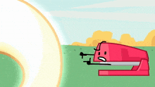 a pink stapler is standing in a field with a light coming from it
