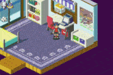 a pixel art drawing of a bedroom with a computer desk and a bed