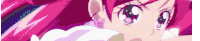 a close up of a pink haired anime girl with a white dress .