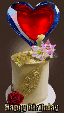 a birthday cake with flowers and a heart shaped balloon on top