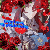 a picture of a man surrounded by red roses with the words " sorry i can 't my dick is too big " in blue