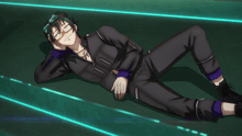 a cartoon character is laying on the ground with a green background