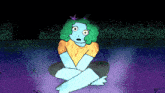 a cartoon drawing of a person with green hair