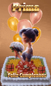 a birthday cake with a woman holding a bouquet of flowers and the name prima on it