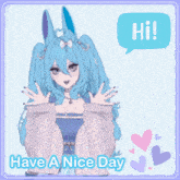 a girl with blue hair and bunny ears says hi