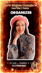 a woman wearing a pink beret with the name organizer on the bottom