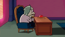 a cartoon character sits in a chair looking at a red button on a desk