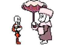 a pixel art drawing of a skeleton holding an umbrella next to a cartoon character .