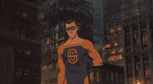 a man in a superhero costume with the letter c on his chest stands in front of a city skyline