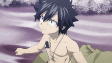 a shirtless anime character with a tattoo on his chest and a chain around his neck