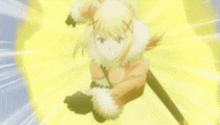 a girl with blonde hair and a furry jacket is standing in front of a yellow light