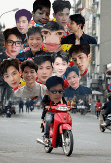 a man riding a red scooter has many faces on his head