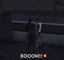 a group of people are standing in a dark room with the word boom on the bottom right