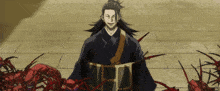 a man in a kimono stands in front of a bunch of red spiders