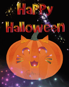 a halloween greeting card with a pumpkin with a cat face carved into it