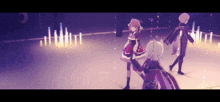 a group of anime characters are dancing together in a purple room