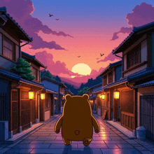 a cartoon of a bear walking down a street with a sunset in the background