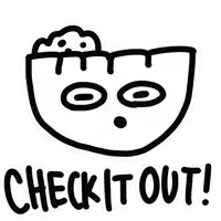 a sticker that says check it out with a drawing of a face
