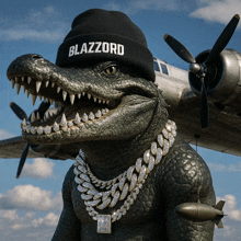 a statue of a crocodile wearing a black beanie with blazzard written on it