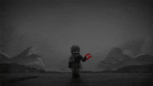 a black and white drawing of a person holding a red object in front of a monster