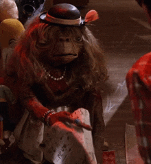 a monkey wearing a hat is holding a piece of paper that says ' t.c.l. ' on it
