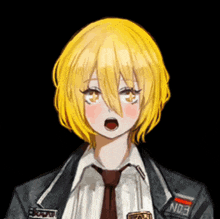 a girl with yellow hair is wearing a suit and tie with a patch that says eon