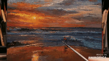 a painting of a sunset on a beach is made in animatica